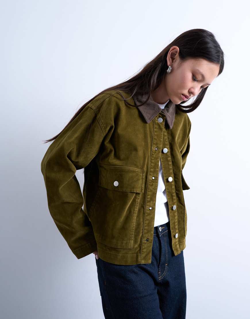 Topshop - Cordjacke in Khaki mit kontrastierendem Kragen, Kombiteil-Grün Topshop - Cordjacke in Khaki mit kontrastierendem Kragen, Kombiteil-Grün von Topshop