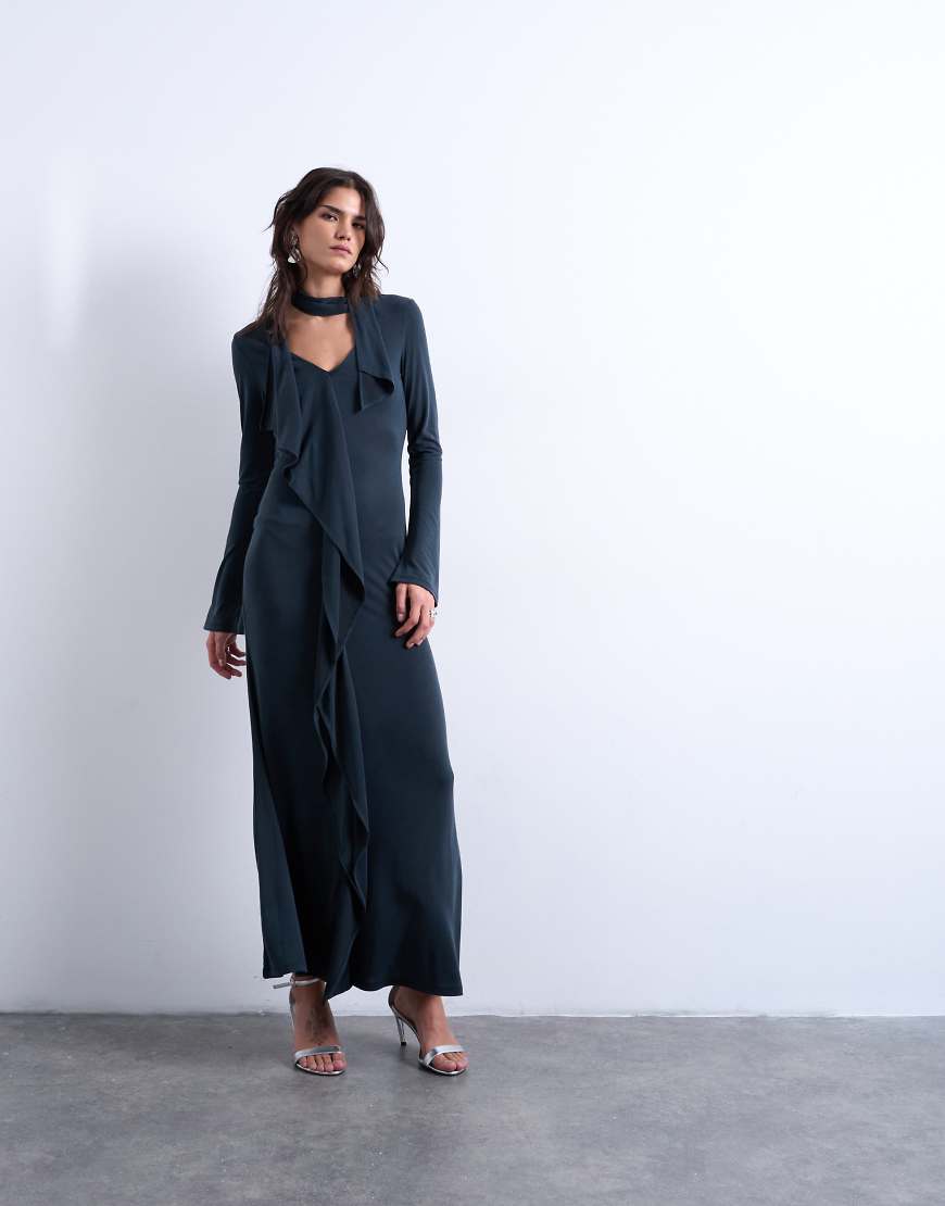Topshop - Cupro-Maxikleid in Anthrazit mit Schaldetail und Rüschen-Grau von Topshop