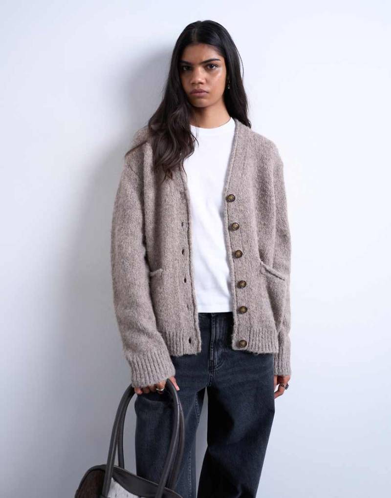 Topshop - Dicke Longline-Strickjacke aus Wollmix mit Taschen-Neutral von Topshop