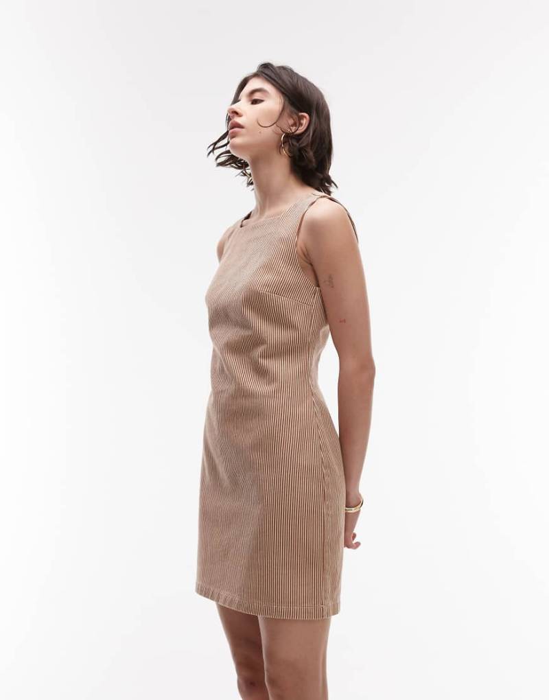 Topshop - Elegantes Jeanskleid in gestreiftem Hellbraun mit eckigem Ausschnitt von Topshop