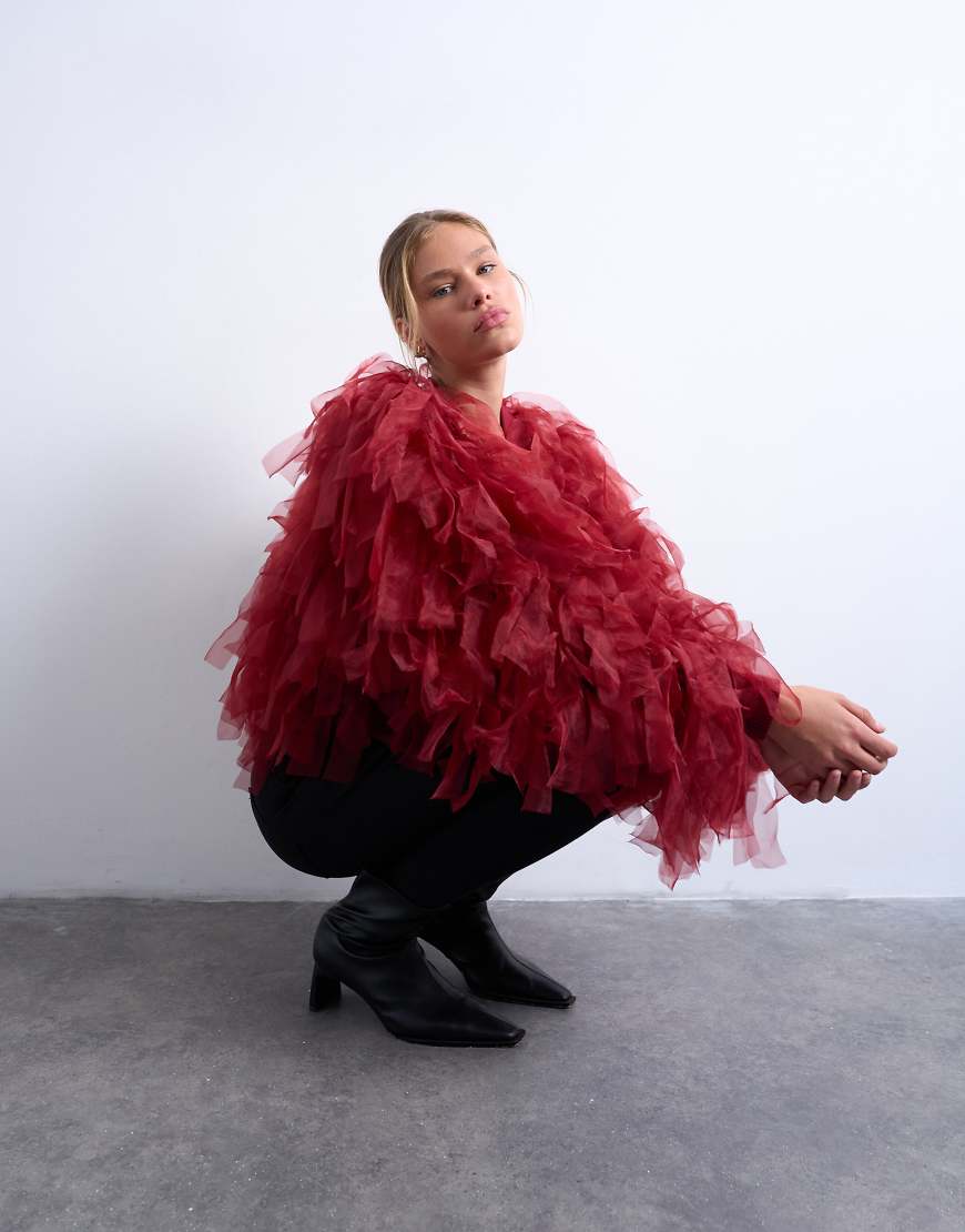 Topshop - Extrem strukturierte Strickjacke aus Organza in Burgunderrot von Topshop