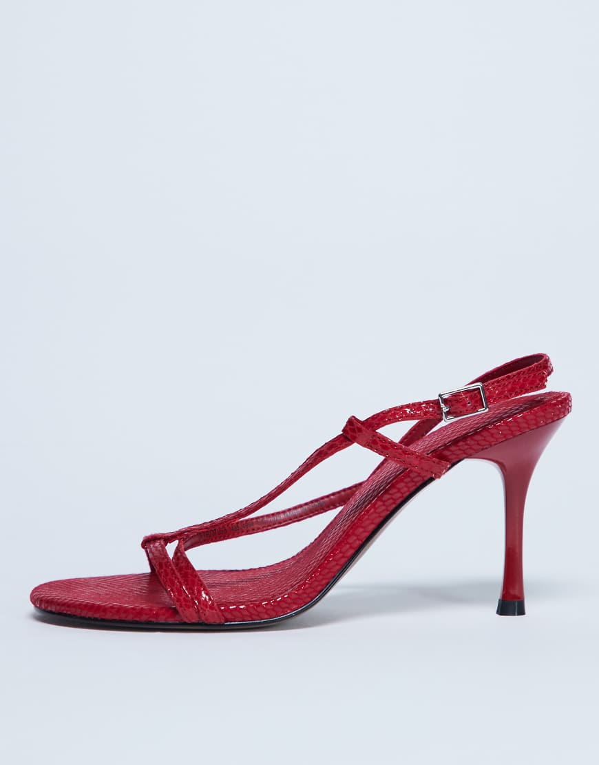 Topshop - Felicity - Rote Riemchen-Sandaletten mit hohem Absatz und Schlangenmuster von Topshop