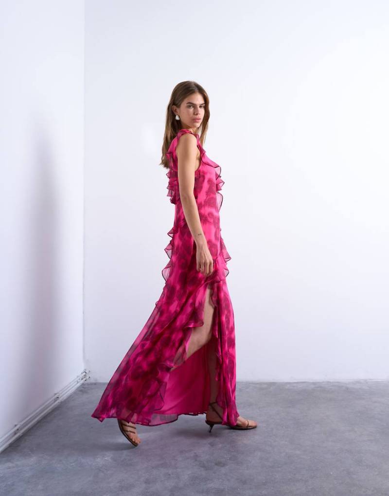 Topshop - Festliches Maxikleid in Rosa mit verschwommenem Blumenmuster und Grown-on-Rüschenärmeln Topshop - Festliches Maxikleid in Rosa mit verschwommenem Blumenmuster und Grown-on-Rüschenärmeln von Topshop