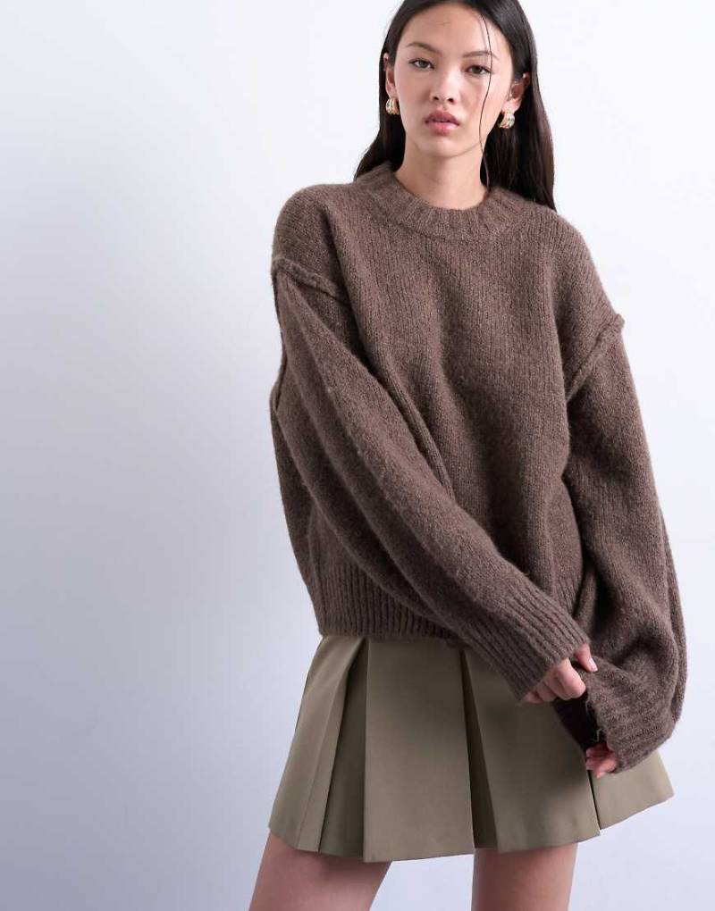 Topshop - Flauschiger Strickpullover aus Wollmix in Braun mit sichtbaren Nähten-Grün von Topshop