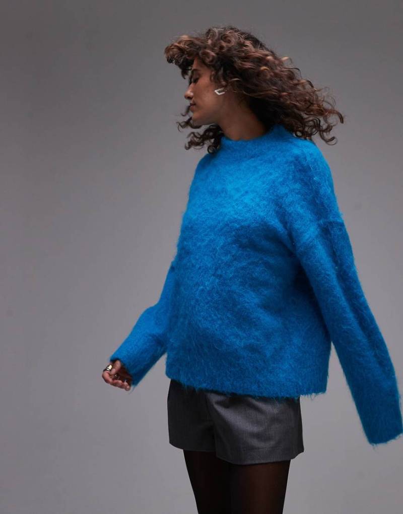 Topshop - Flauschiger Strickpullover in Türkis mit lockerem Schnitt-Blau von Topshop
