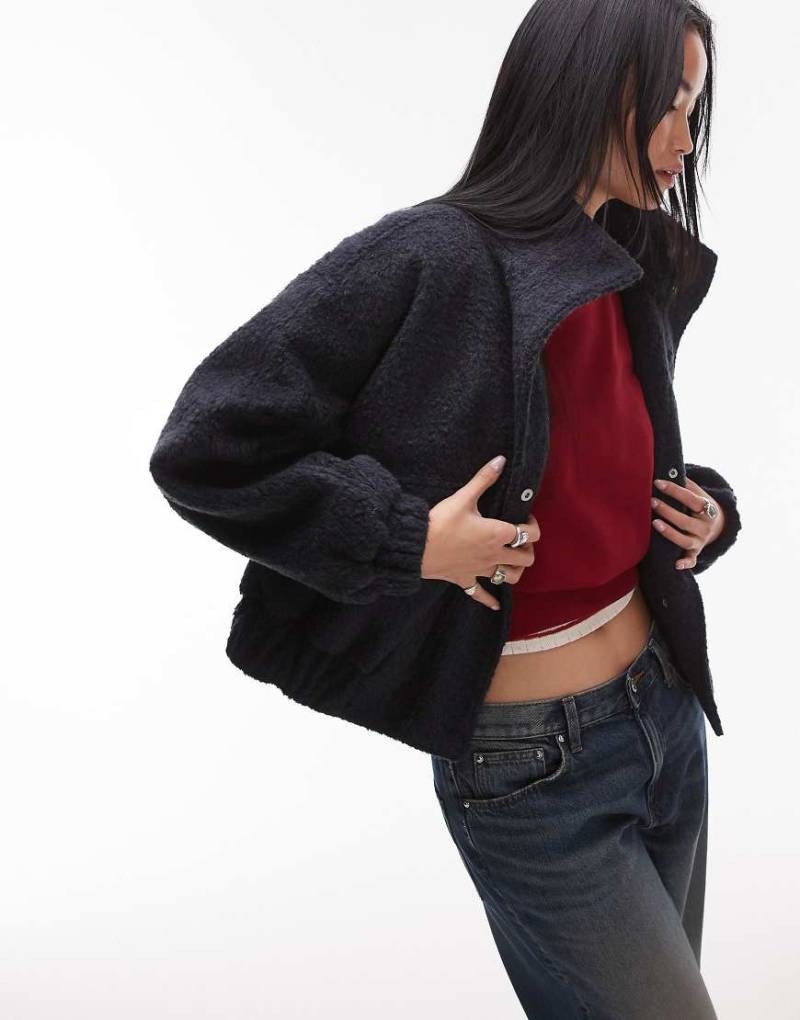 Topshop - Formeller Bouclé-Mantel in Marineblau im Bomberjacken-Stil mit Trichterkragen von Topshop