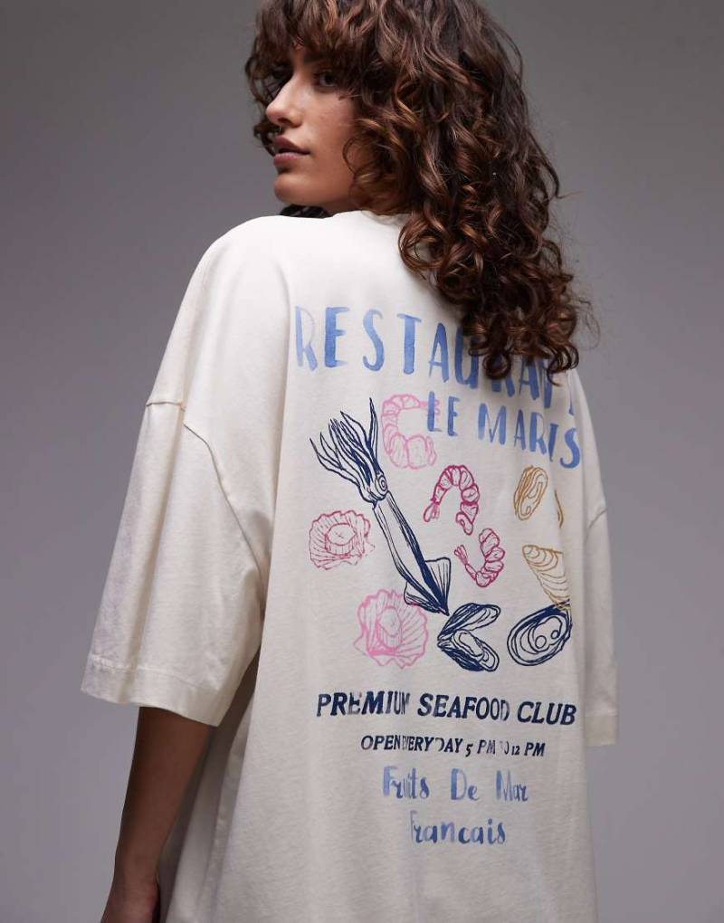Topshop - Oversize-T-Shirt in Ecru mit Austern-Print-Weiß von Topshop