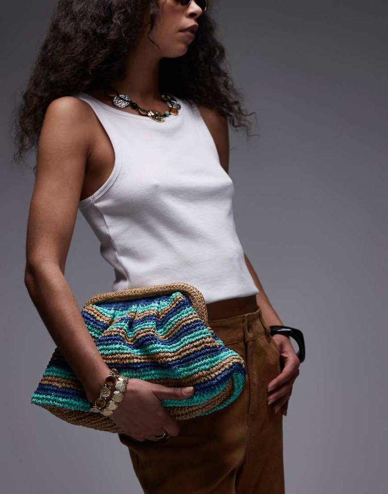 Topshop - Galileo - Gehäkelte Handtasche in gestreiftem Grün von Topshop