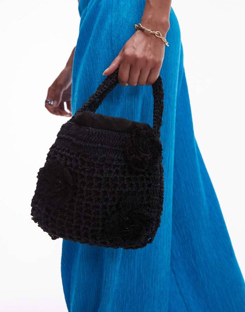 Topshop - Gea - Handtasche aus Bast in Schwarz mit Blumendetails von Topshop