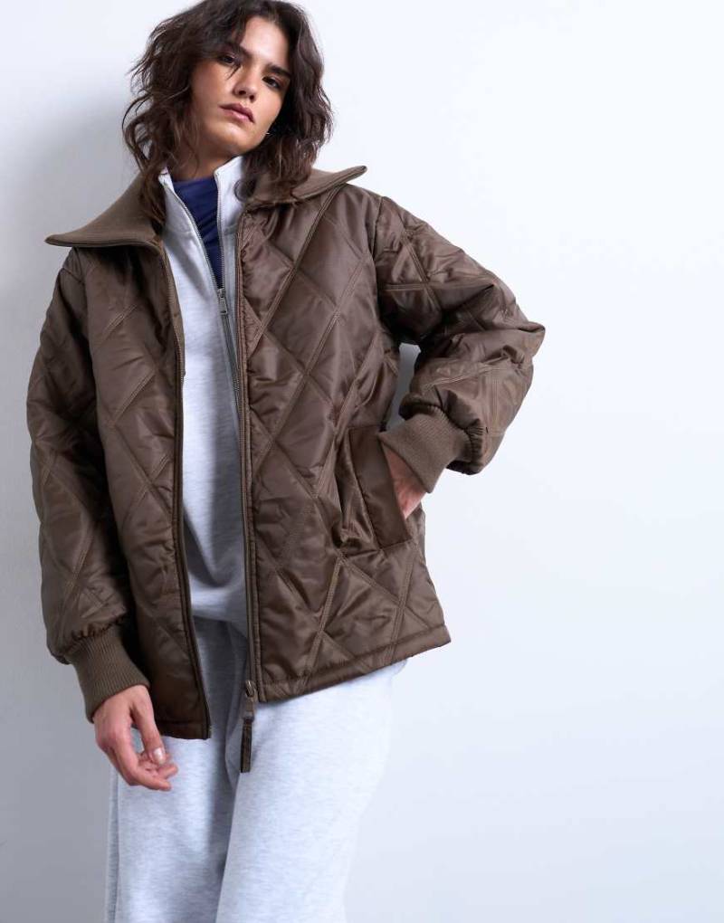 Topshop - Gefütterte Jacke in Schokobraun mit breitem, geripptem Kragen-Brown von Topshop