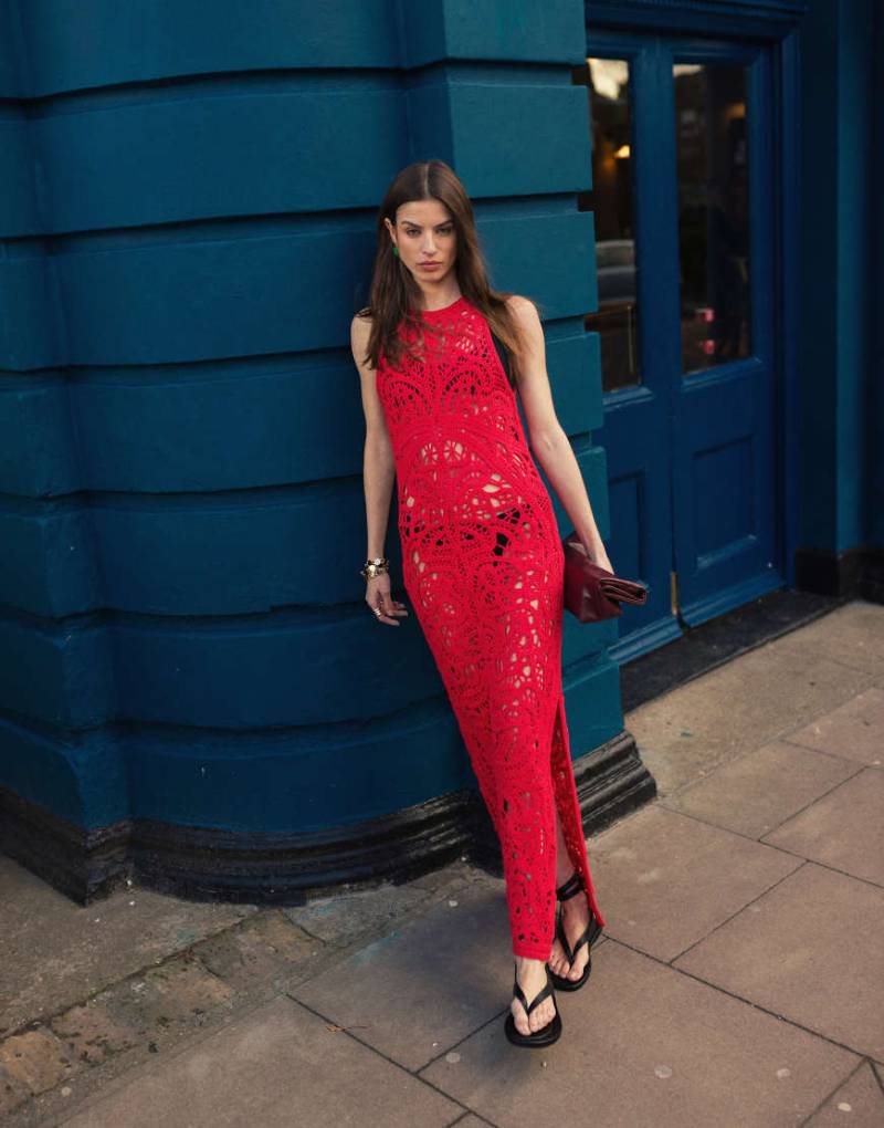 Topshop - Maxikleid aus hochwertigem Häkelstrick in Rot von Topshop
