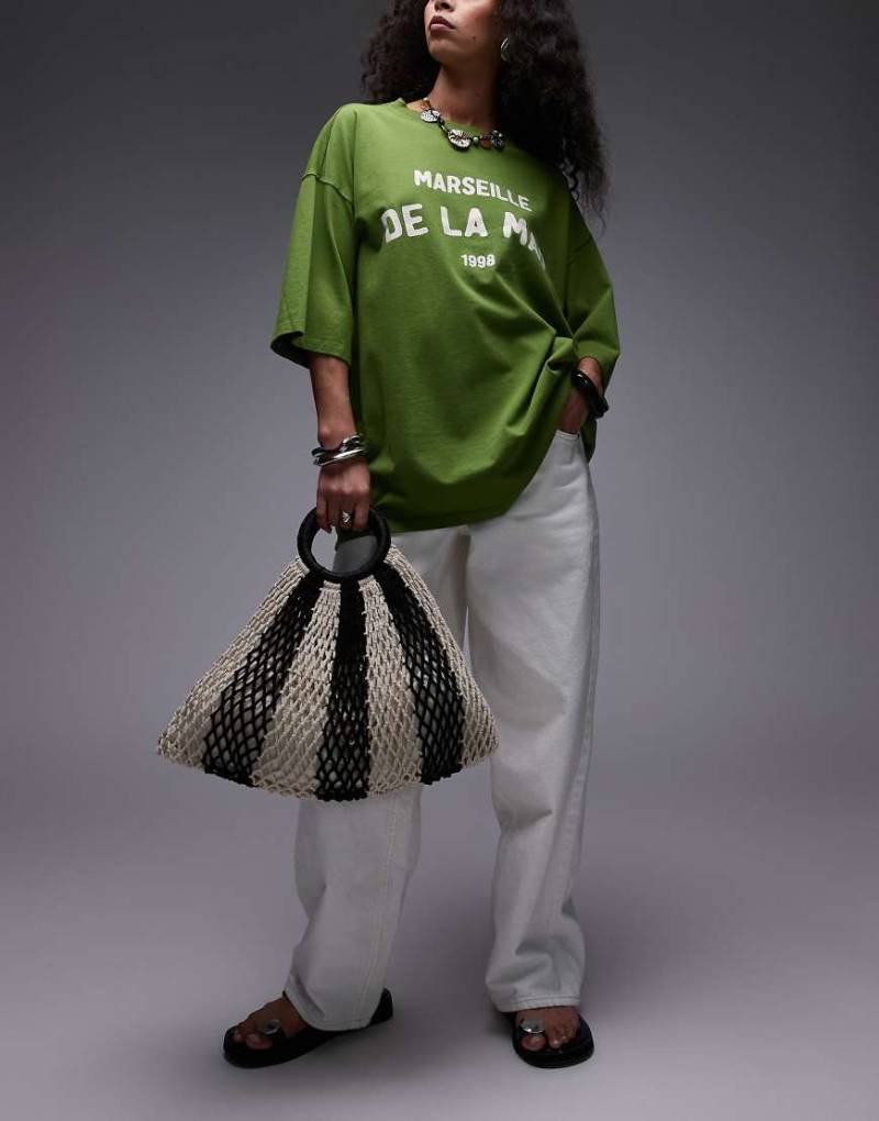 Topshop - Gemma - Gehäkelte Handtasche in Schwarz gestreift von Topshop