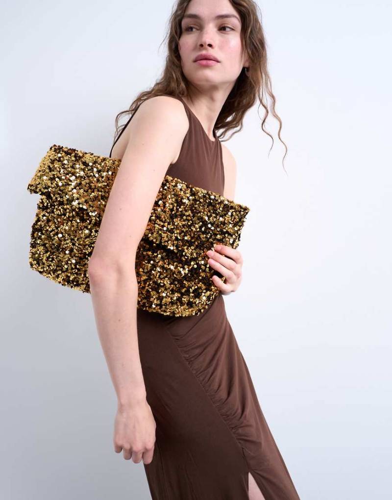 Topshop - Georgia - Gefaltete Clutch in Gold mit Paillettenbesatz-Goldfarben von Topshop