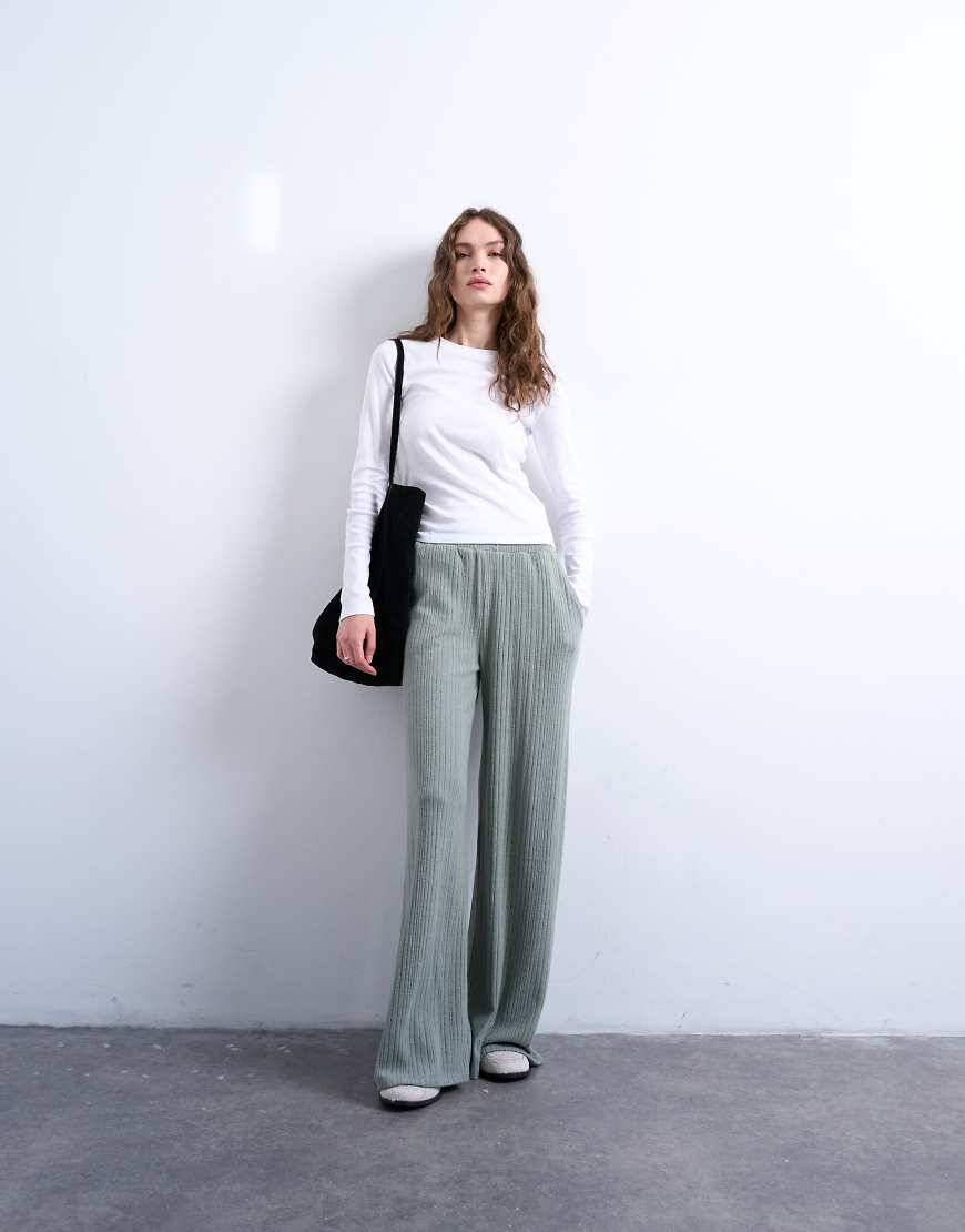 Topshop - Gerippte Hose in Salbeigrün mit weitem Bein-Neutral von Topshop