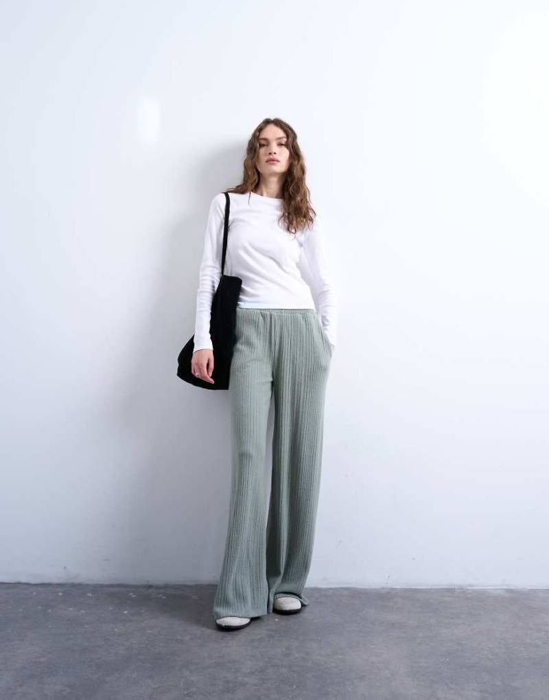 Topshop - Gerippte Hose in Salbeigrün mit weitem Bein-Neutral von Topshop