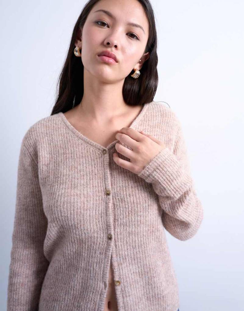 Topshop - Gerippte Strickjacke in Steinbeige mit V-Ausschnitt-Neutral von Topshop