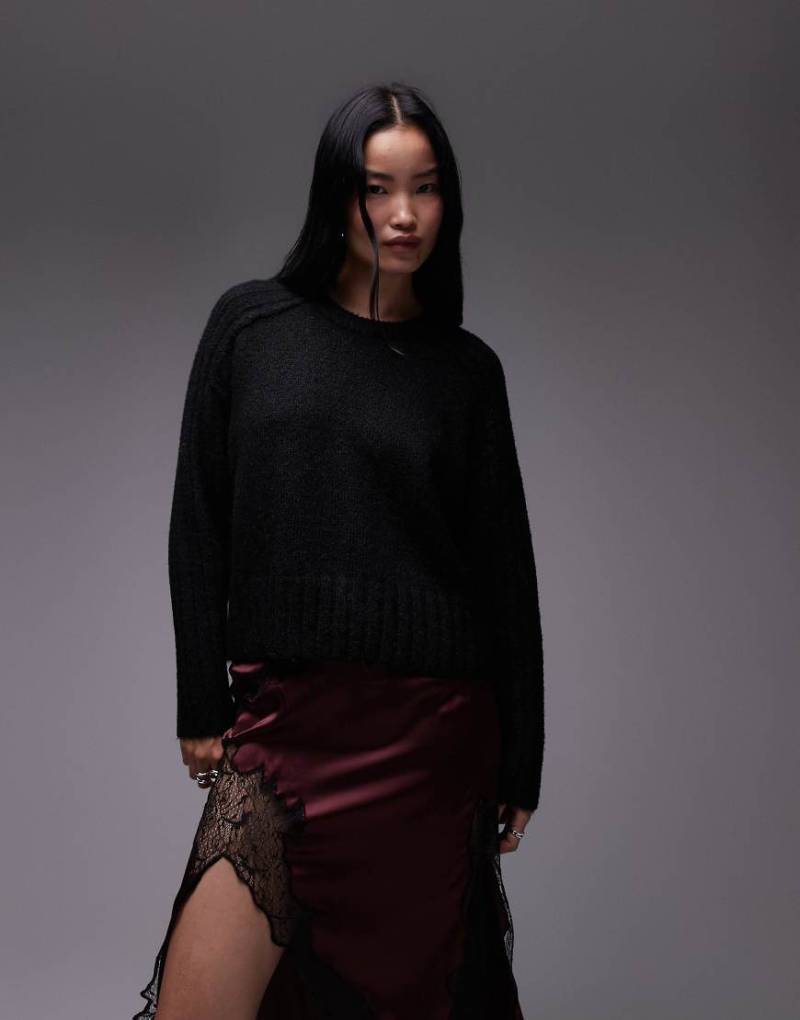 Topshop - Gerippter Strickpullover in Schwarz mit Rundhalsausschnitt-Blau von Topshop