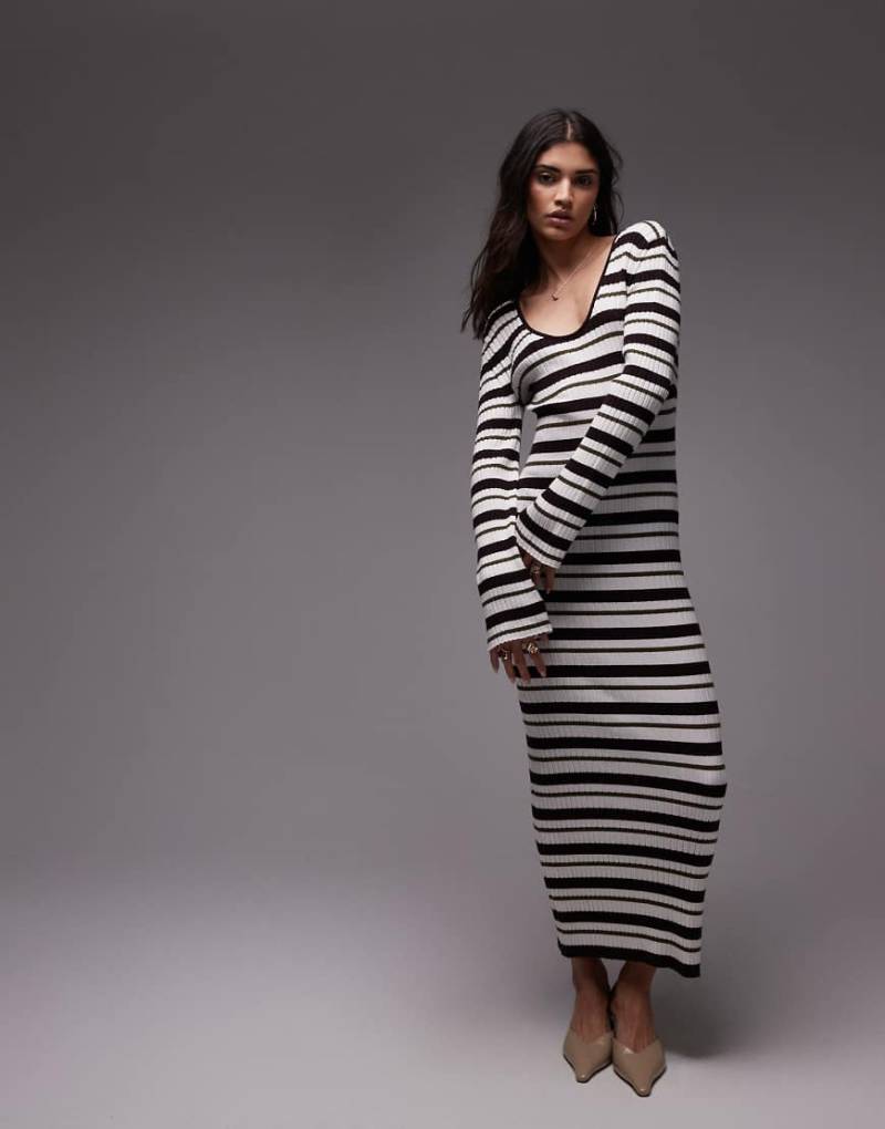 Topshop - Geripptes Maxikleid in Olivgrün mit Streifen und U-Ausschnitt-Bunt von Topshop