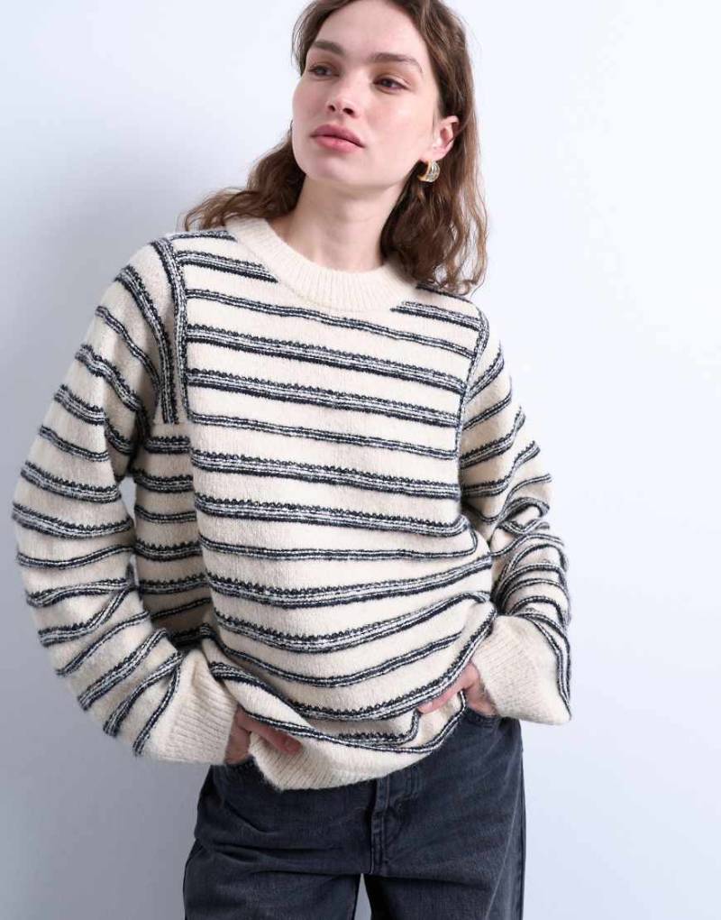 Topshop - Gestreifter Strickpullover in Schwarz-Weiß mit Vordernaht-Bunt von Topshop