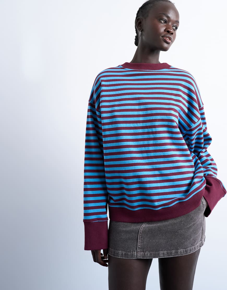 Topshop - Gestreiftes Oversize-Sweatshirt in Blau und Burgunderrot mit breiten Bündchen-Bunt von Topshop