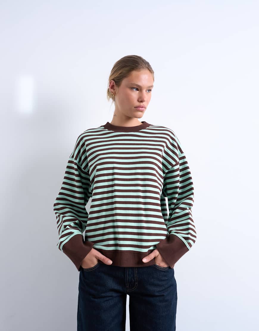 Topshop - Gestreiftes Oversize-Sweatshirt in Minzgrün und Schokobraun mit breiten Bündchen-Bunt von Topshop