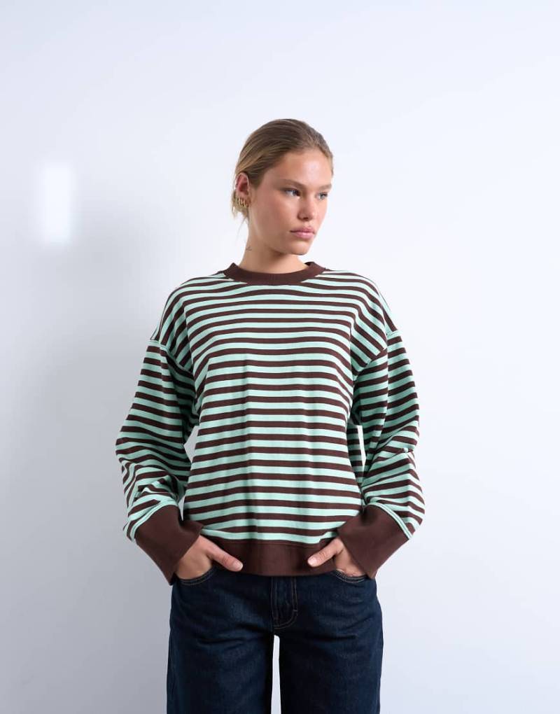 Topshop - Gestreiftes Oversize-Sweatshirt in Minzgrün und Schokobraun mit breiten Bündchen-Bunt von Topshop