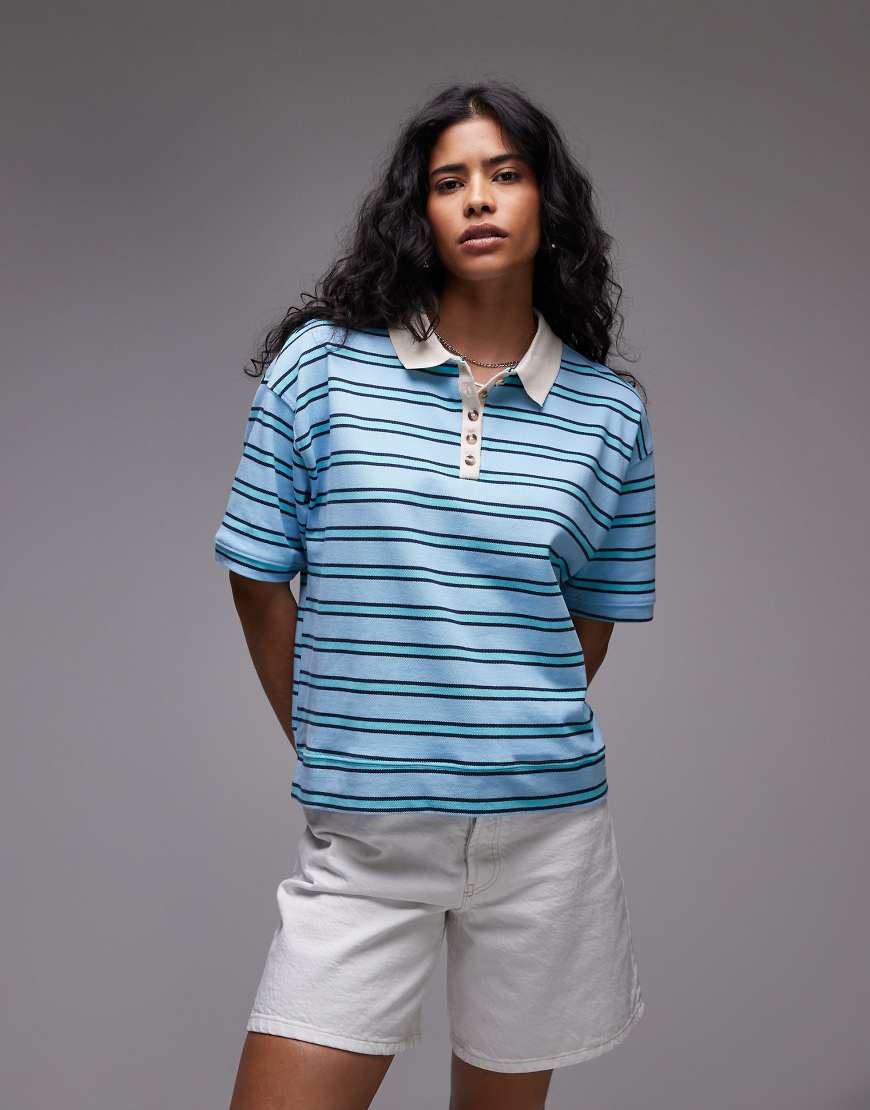 Topshop - Gestreiftes kastiges Poloshirt in Türkis-Blau Topshop - Gestreiftes kastiges Poloshirt in Türkis-Blau von Topshop