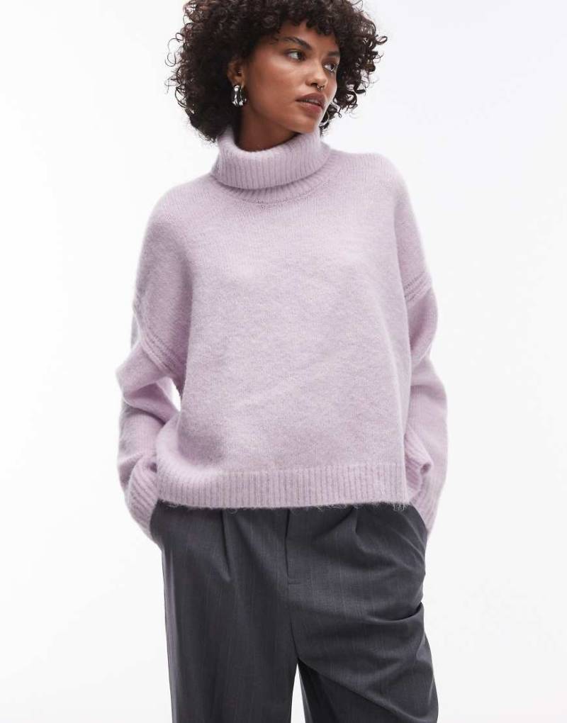 Topshop - Gestrickter Rollkragenpullover in Flieder mit Ziernaht und lockerem Schnitt-Lila von Topshop