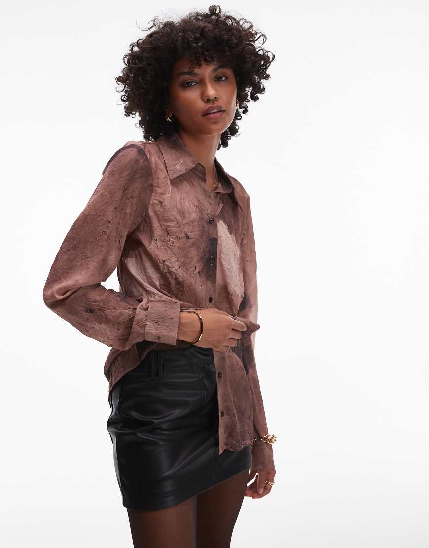 Topshop - Hemdbluse mit Bias-Cut und braunem Spray-Muster von Topshop