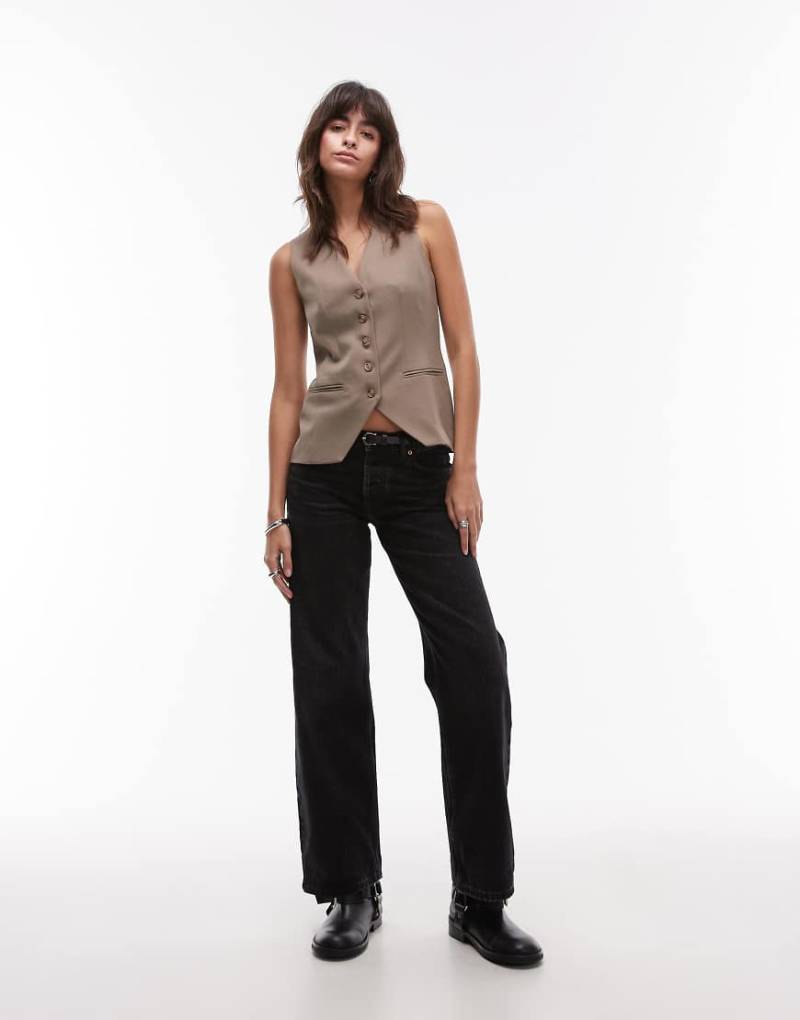 Topshop - Hochgeschlossene Weste aus warmem Material mit Knopfleiste-Neutral von Topshop