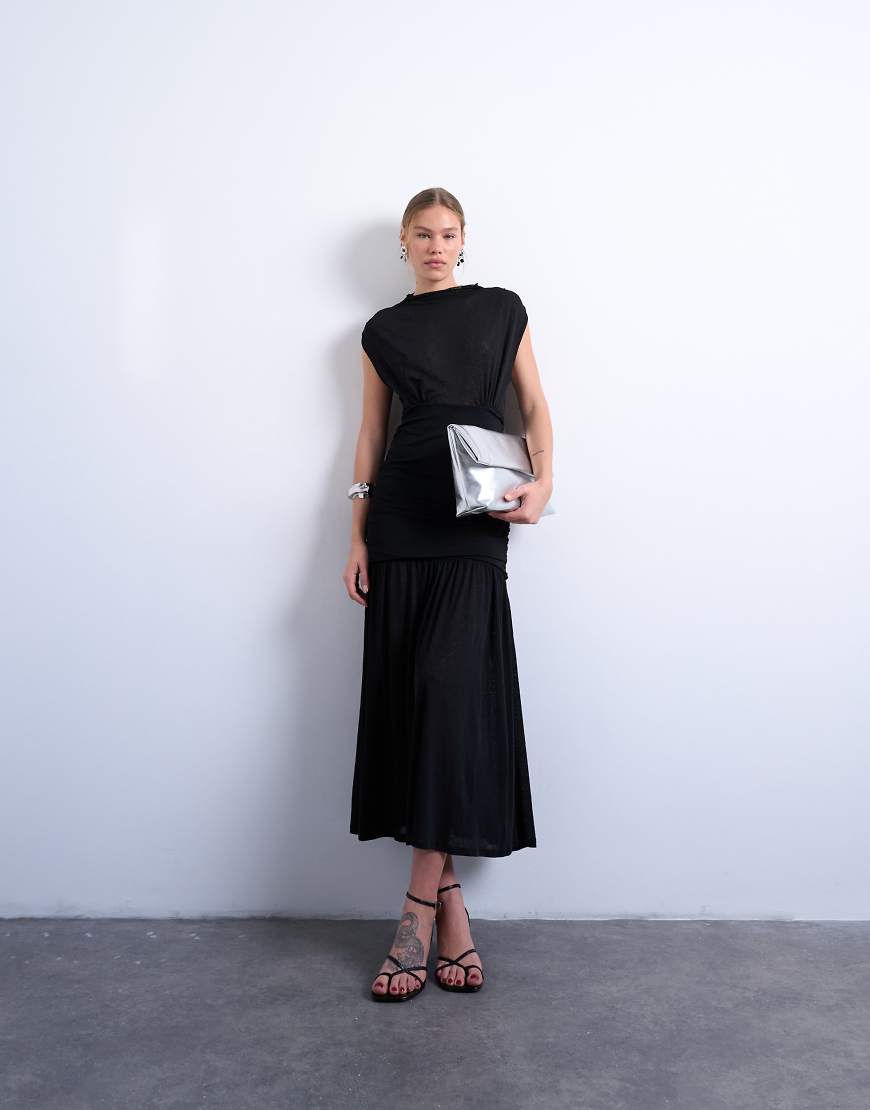 Topshop - Hochgeschlossenes, gerafftes Maxikleid in Schwarz von Topshop