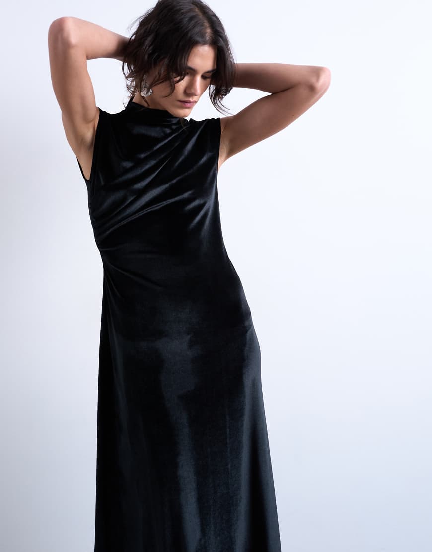 Topshop - Hochgeschlossenes Maxikleid aus Samt in Schwarz von Topshop