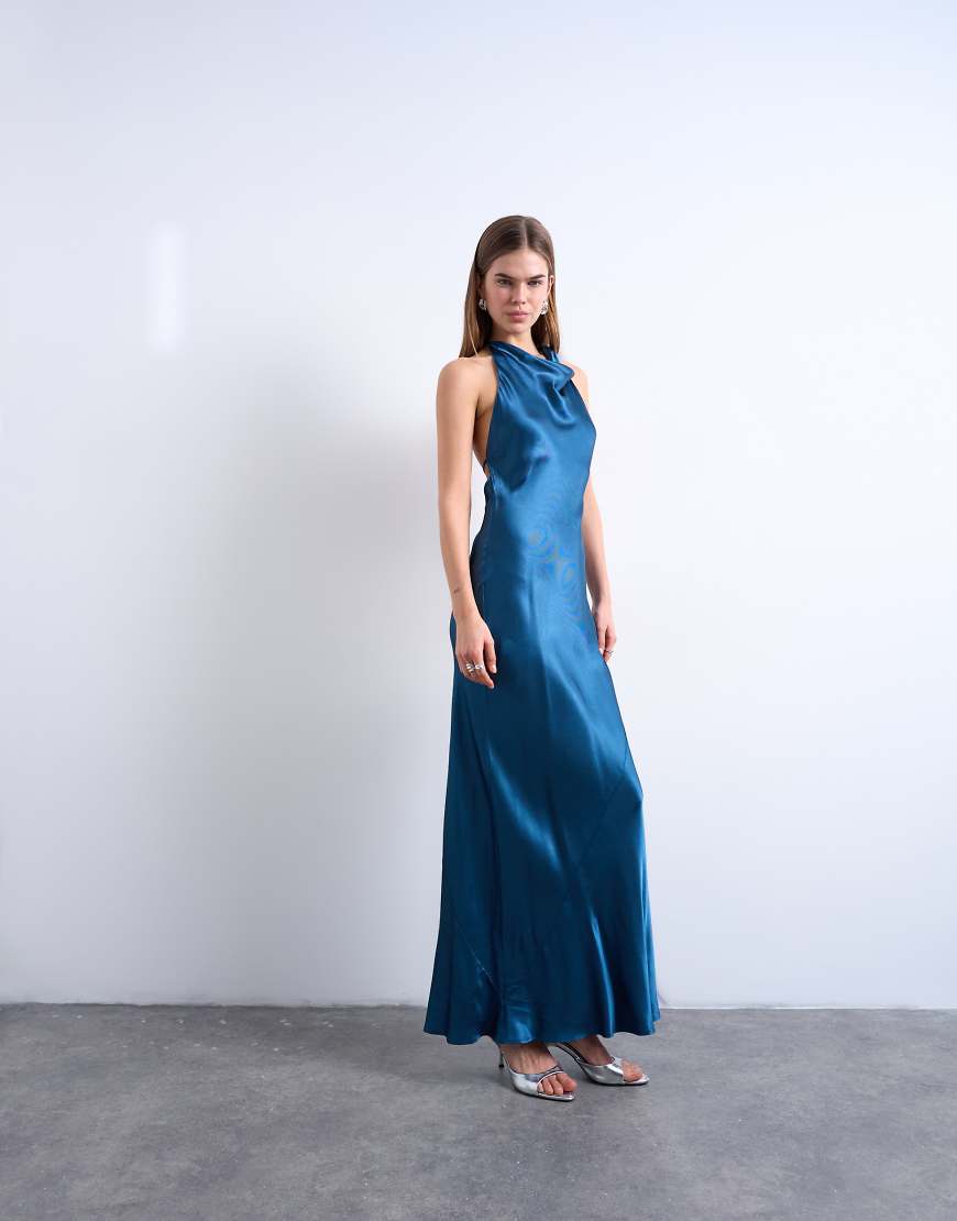 Topshop - Hochgeschlossenes Maxikleid in Petrol mit Wasserfallausschnitt-Rosa von Topshop