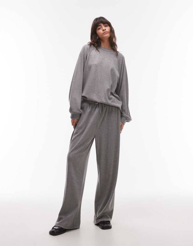 Topshop - Hochwertige, gerippte Jogginghose in Grau mit weitem Bein von Topshop