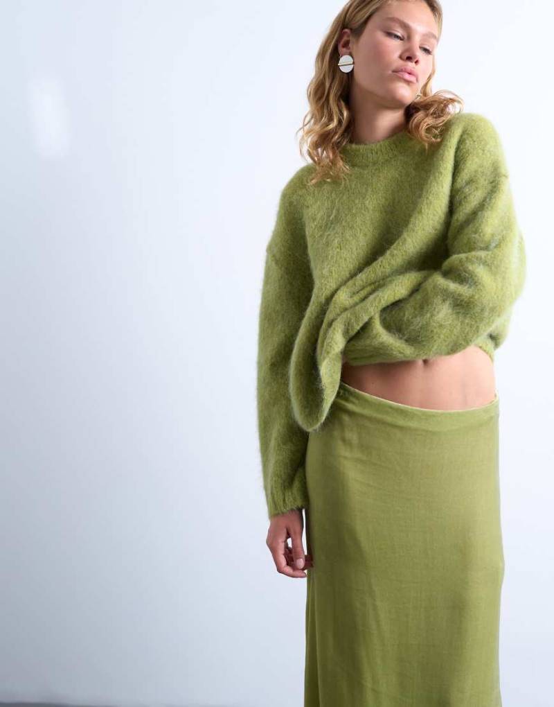 Topshop - Hochwertiger, kastiger Strickpullover aus Alpaka-Wolle in Grün mit Rundhalsausschnitt von Topshop