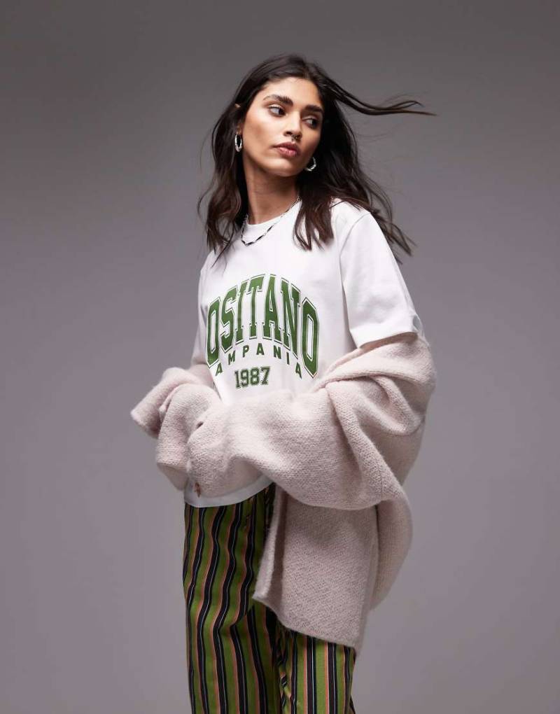 Topshop - Hochwertiges Basic-T-Shirt in Weiß mit „Positano"-Print von Topshop