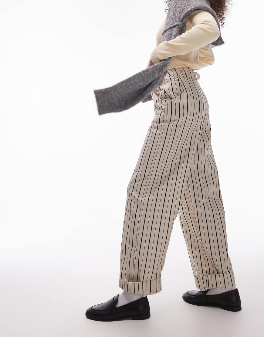 Topshop - Hose in Steingrau mit weitem Bein, Streifen und umgeschlagenem Saum-Schwarz von Topshop