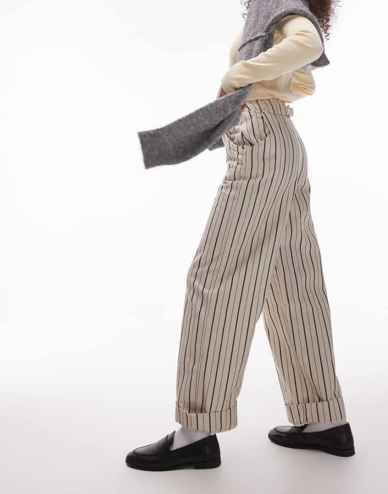 Topshop - Hose in Steingrau mit weitem Bein, Streifen und umgeschlagenem Saum-Schwarz von Topshop