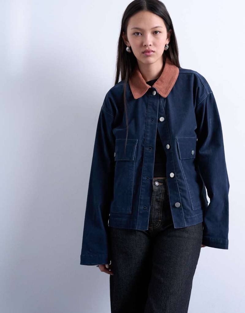 Topshop - Jacke aus Cord in Marineblau mit kontrastierendem Kragen aus Cord von Topshop