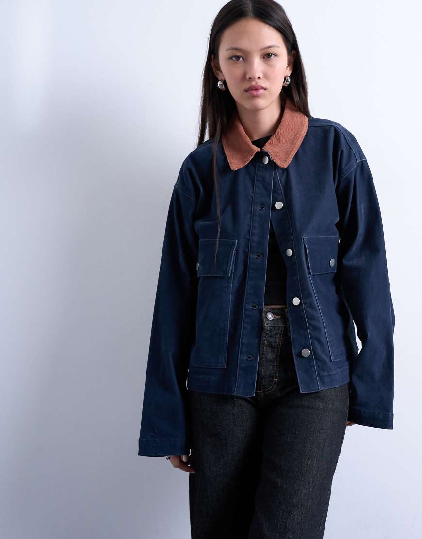 Topshop - Jacke aus Cord in Marineblau mit kontrastierendem Kragen aus Cord von Topshop