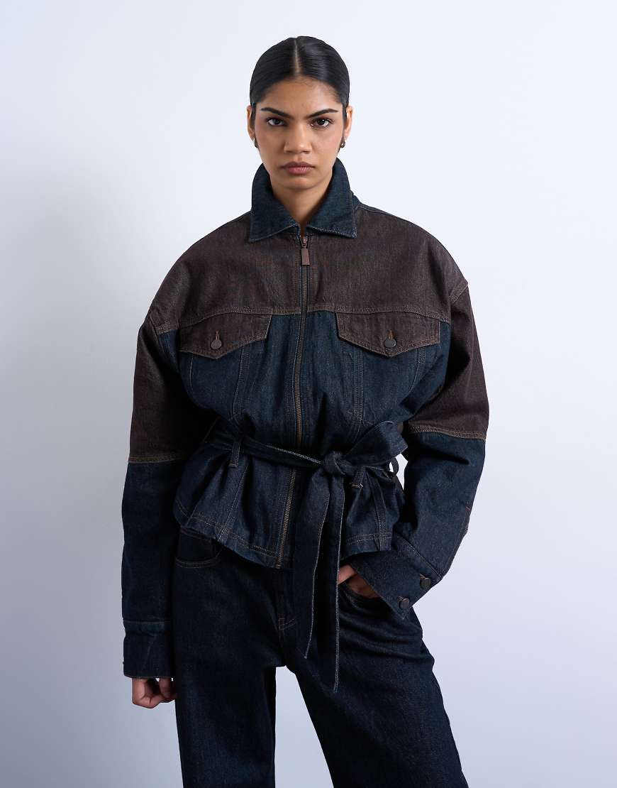 Topshop - Jacke aus Denim in Braun und Blau mit Kordelzug-Bunt von Topshop