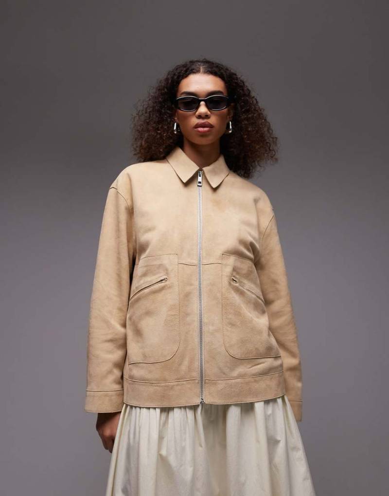 Topshop - Jacke aus hochwertigem Wildleder in Buttermilchgelb mit Ziernaht von Topshop