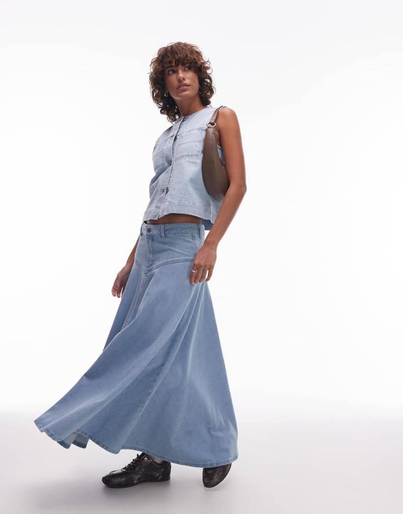 Topshop - Jeans-Maxirock in ausgebleichter Waschung mit Passe vorne-Blau von Topshop