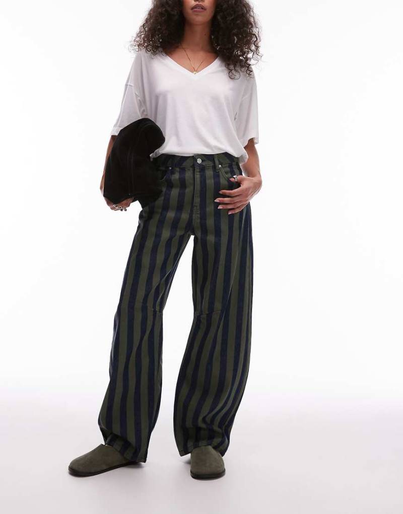 Topshop - Jeans in gestreiftem Khaki mit mittelhohem Bund und abgerundetem Beinschnitt-Bunt von Topshop