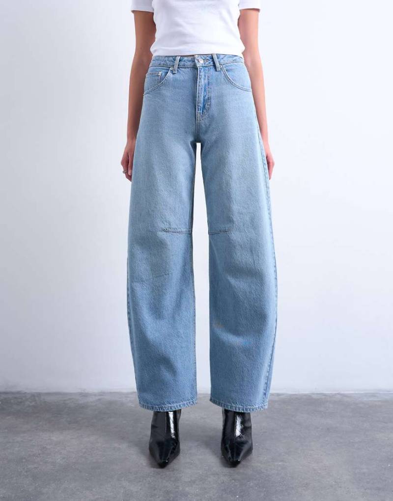 Topshop - Jeans mit hohem Bund in gebleichter Waschung mit abgerundetem, weitem Bein-Blau von Topshop