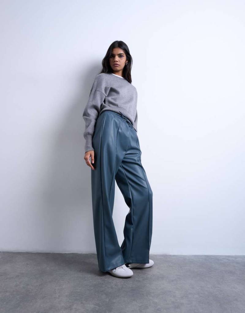 Topshop - Jogginghose aus Kunstleder in Blau mit weitem Bein und Ziernaht-Grün von Topshop