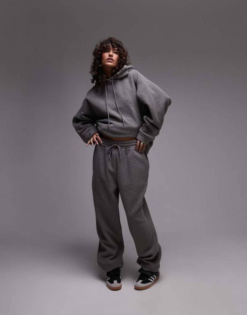 Topshop - Jogginghose aus Teddystoff in Schiefergrau mit Bündchen, Kombiteil von Topshop