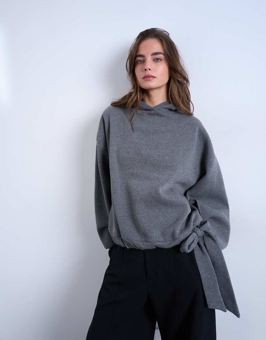 Topshop - Kapuzenpullover in Anthrazit meliert mit Bindesaum und Ziernaht-Grau von Topshop