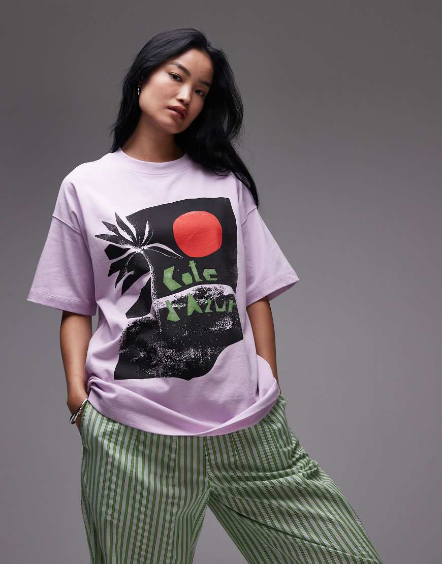 Topshop - Kastiges Jersey-T-Shirt in Lila mit „Côte d'Azur"-Print von Topshop