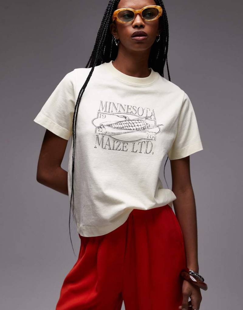Topshop - Kastiges T-Shirt in Buttermilchgelb mit „Minnesota"-Print von Topshop